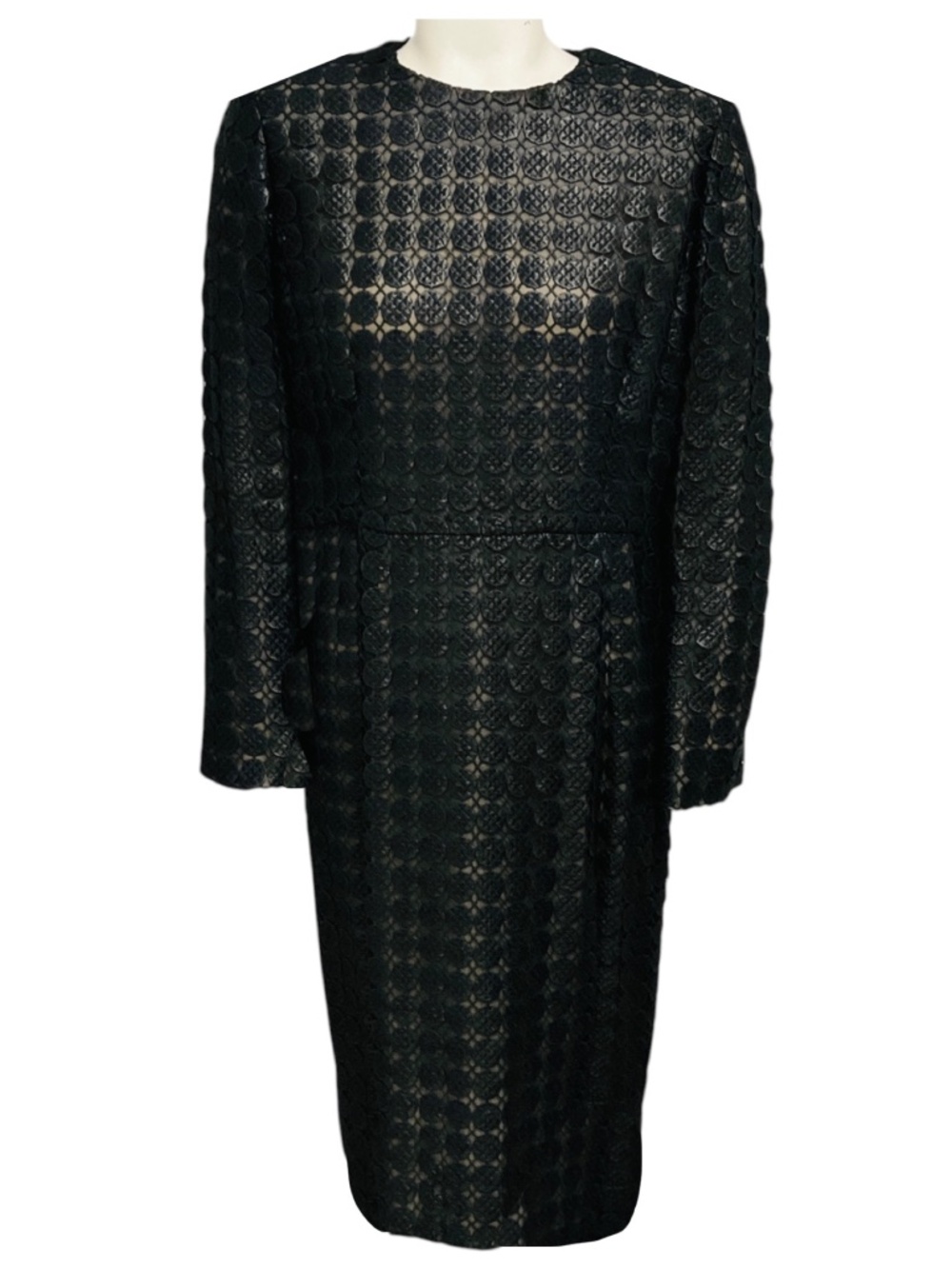 GIAMBATTISTA VALLI BLACK CIRCLE EMBROIDERED LACE LONG SLEEVED MIDI DRESS